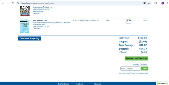 BiggerBooks checkout page showing BiggerBooks coupon code box | Screenshot taken by SimplyCodes community member on Apr 11, 2025