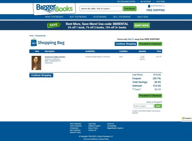 BiggerBooks checkout page showing BiggerBooks coupon code box | Screenshot taken by SimplyCodes community member on Feb 9, 2025