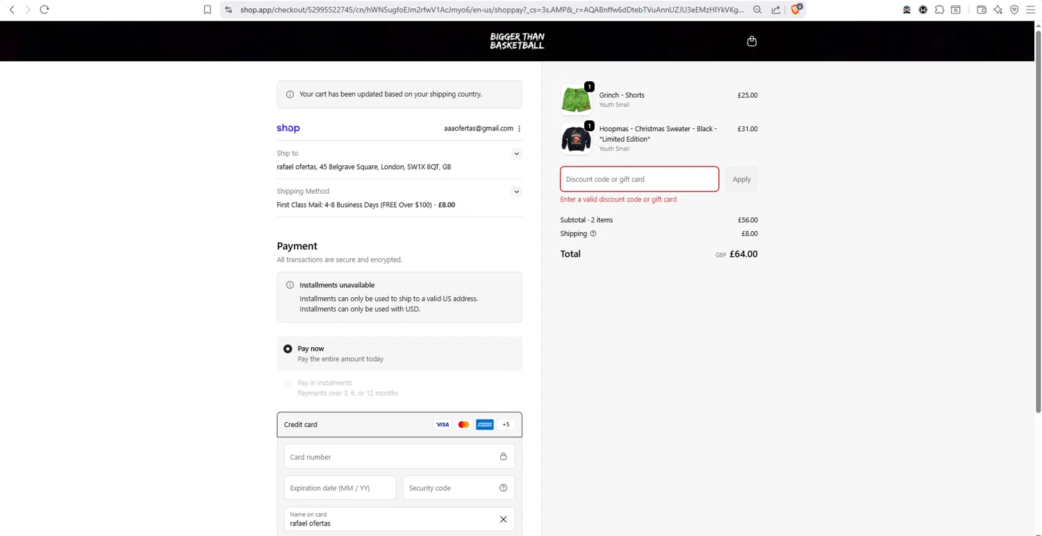 Bigger Than Basketball promo code screenshot showing code WELCOME2BTB applied at Bigger Than Basketball checkout page. Uploaded by SimplyCodes community member dayselis15 on Dec 1, 2025