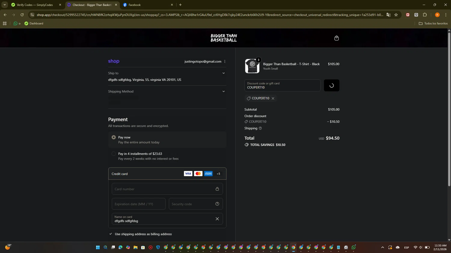 Bigger Than Basketball promo code screenshot showing code COUPERT10 applied at Bigger Than Basketball checkout page. Uploaded by SimplyCodes community member PromoTitan1625 on Feb 11, 2026