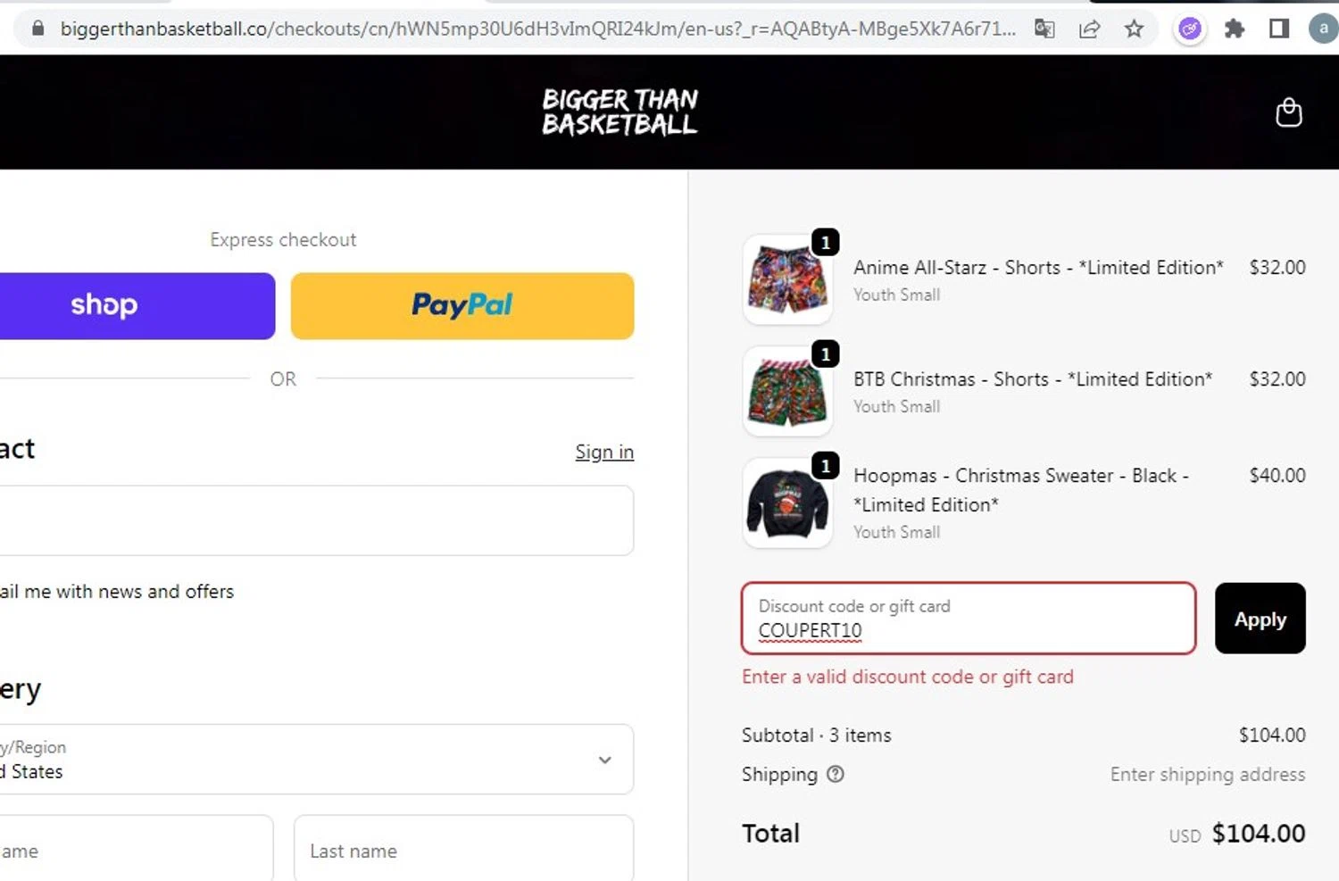 Bigger Than Basketball promo code screenshot showing code COUPERT10 applied at Bigger Than Basketball checkout page. Uploaded by SimplyCodes community member carmenamandabritoser on Nov 27, 2025