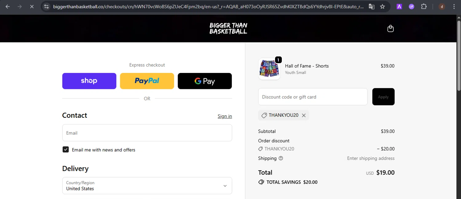 Bigger Than Basketball promo code screenshot showing code THANKYOU20 applied at Bigger Than Basketball checkout page. Uploaded by SimplyCodes community member VoucherSpotter9376 on Dec 30, 2025