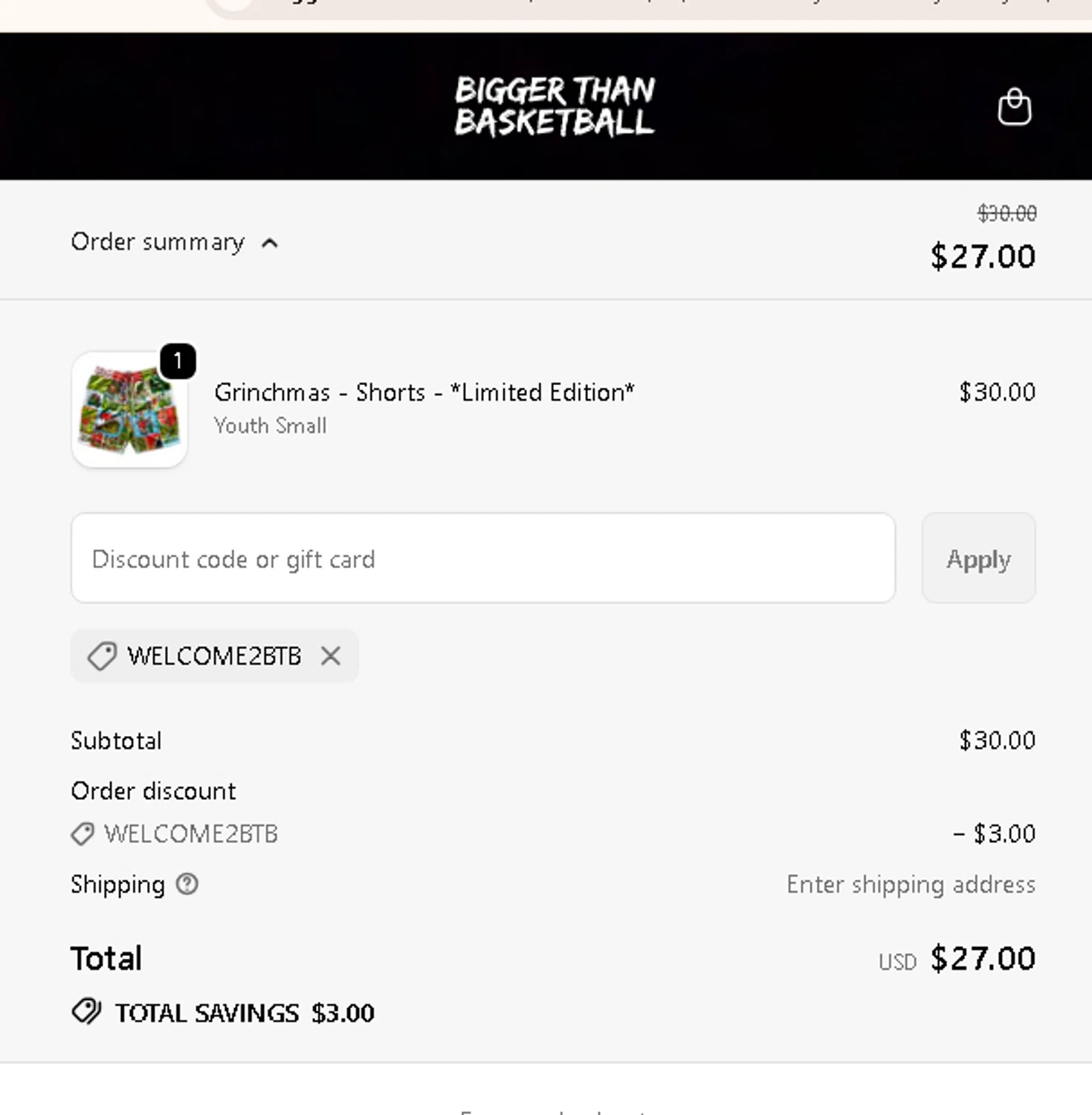 Bigger Than Basketball promo code screenshot showing code WELCOME2BTB applied at Bigger Than Basketball checkout page. Uploaded by SimplyCodes community member AMANDA2681 on Dec 9, 2025