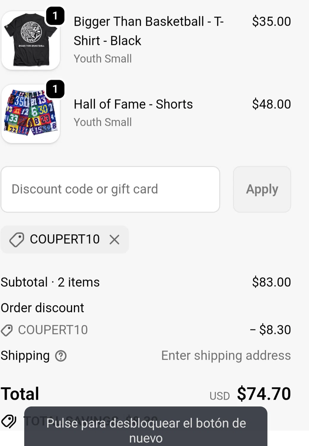 Bigger Than Basketball promo code screenshot showing code COUPERT10 applied at Bigger Than Basketball checkout page. Uploaded by SimplyCodes community member chepipro on Jan 16, 2026