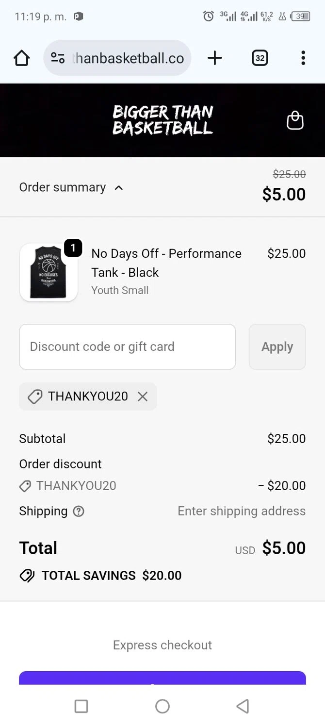 Bigger Than Basketball promo code screenshot showing code THANKYOU20 applied at Bigger Than Basketball checkout page. Uploaded by SimplyCodes community member frankrivero on Dec 30, 2025