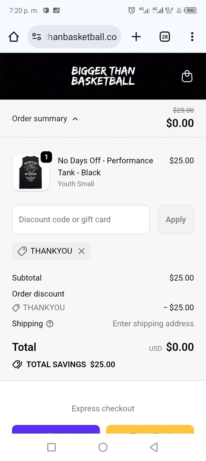 Bigger Than Basketball promo code screenshot showing code THANKYOU applied at Bigger Than Basketball checkout page. Uploaded by SimplyCodes community member frankrivero on Dec 29, 2025