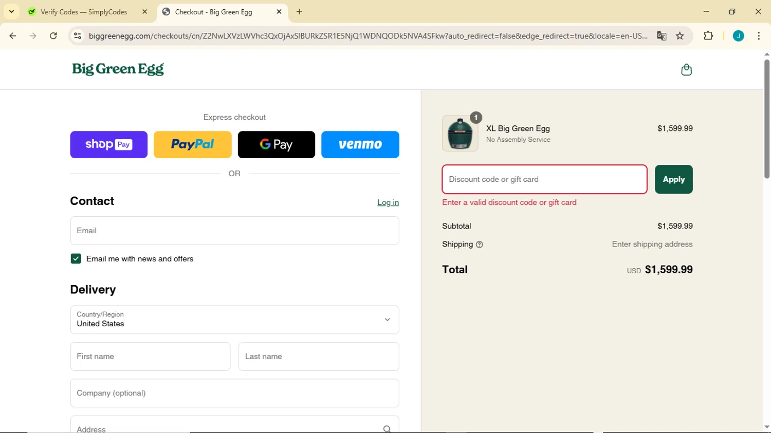 Big Green Egg promo code screenshot showing code SIGNS20 applied at Big Green Egg checkout page. Uploaded by SimplyCodes community member GoldDefender3268 on Mar 20, 2025