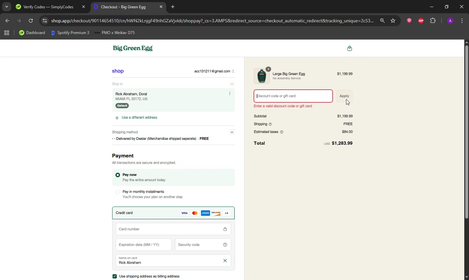 Big Green Egg promo code screenshot showing code SAVE5 applied at Big Green Egg checkout page. Uploaded by SimplyCodes community member DeathBone on Sep 8, 2025