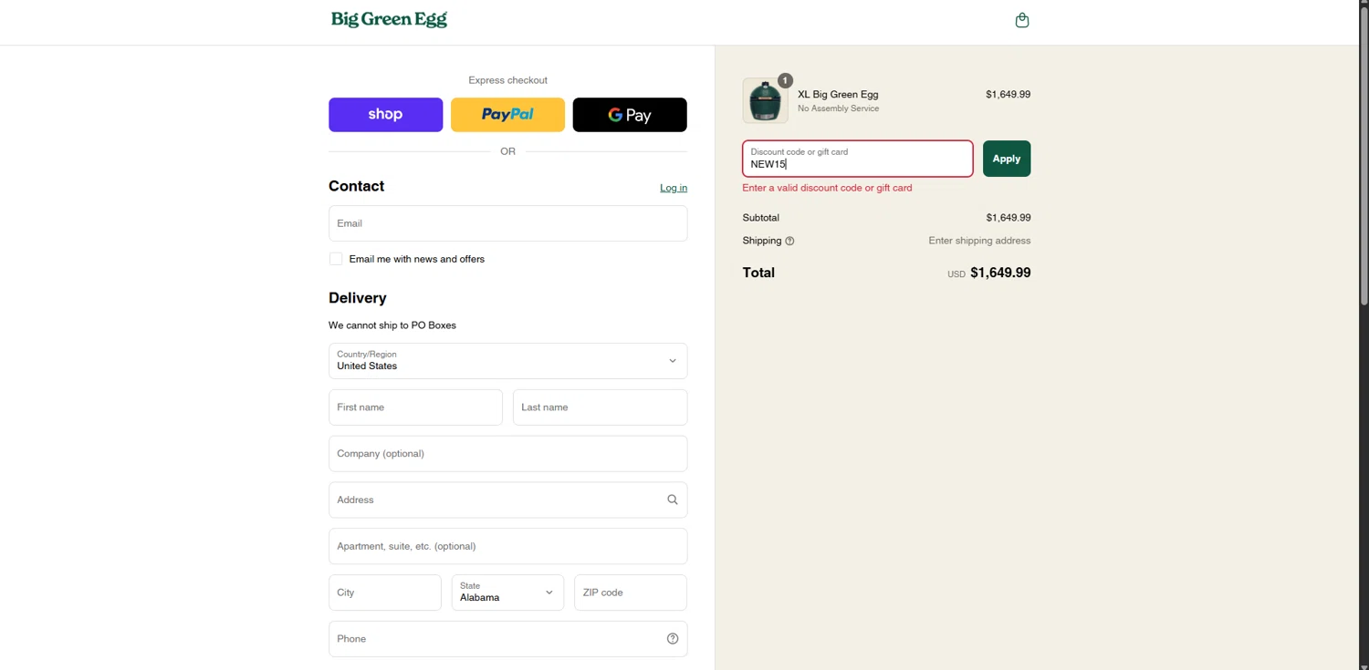 Big Green Egg promo code screenshot showing code NEW15 applied at Big Green Egg checkout page. Uploaded by SimplyCodes community member WonderVirtuoso3484 on Sep 8, 2025
