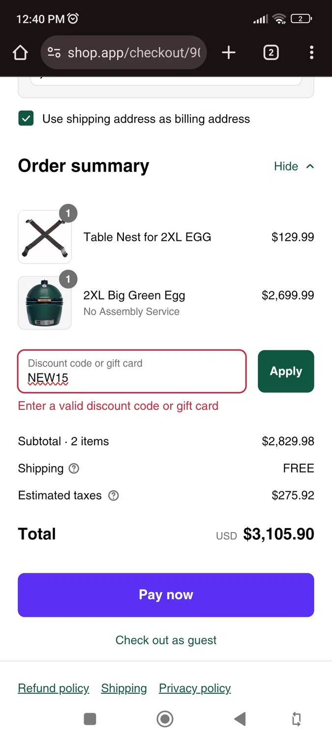 Big Green Egg promo code screenshot showing code NEW15 applied at Big Green Egg checkout page. Uploaded by SimplyCodes community member juliocoronel038ef0f on Sep 8, 2025