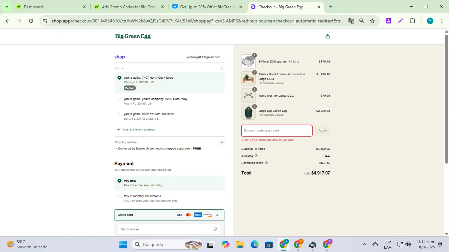 Big Green Egg promo code screenshot showing code 5OFF applied at Big Green Egg checkout page. Uploaded by SimplyCodes community member yadiracg074 on Sep 8, 2025