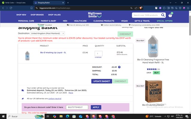 Big Green Smile checkout page showing Big Green Smile discount code box | Screenshot taken by SimplyCodes community member on Jun 19, 2025