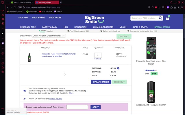 Big Green Smile checkout page showing Big Green Smile discount code box | Screenshot taken by SimplyCodes community member on Jun 18, 2025