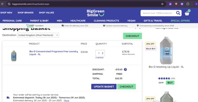 Big Green Smile checkout page showing Big Green Smile discount code box | Screenshot taken by SimplyCodes community member on Jun 18, 2025