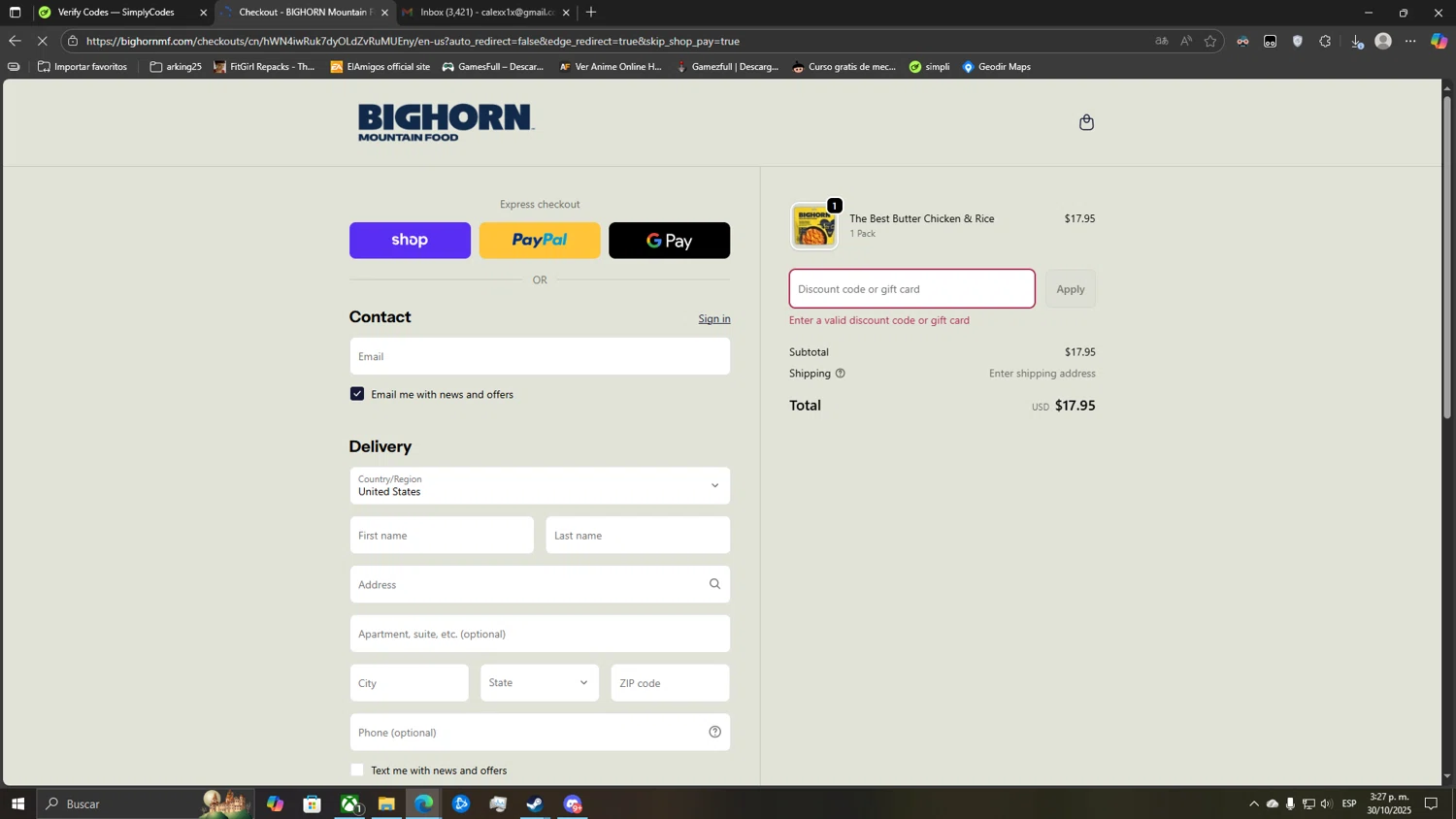 BIGHORN Mountain Food promo code screenshot showing code BIGHORN20 applied at BIGHORN Mountain Food checkout page. Uploaded by SimplyCodes community member CoinLegend5168 on Oct 30, 2025