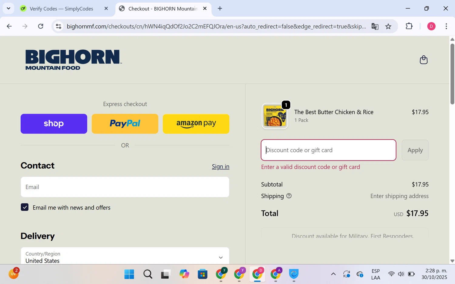 BIGHORN Mountain Food promo code screenshot showing code BIGHORN20 applied at BIGHORN Mountain Food checkout page. Uploaded by SimplyCodes community member LuckyHero4650 on Oct 30, 2025