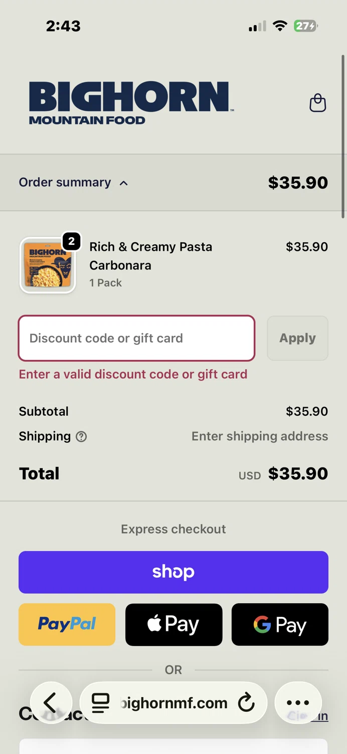 BIGHORN Mountain Food promo code screenshot showing code BIGHORN20 applied at BIGHORN Mountain Food checkout page. Uploaded by SimplyCodes community member Woodstock on Oct 30, 2025