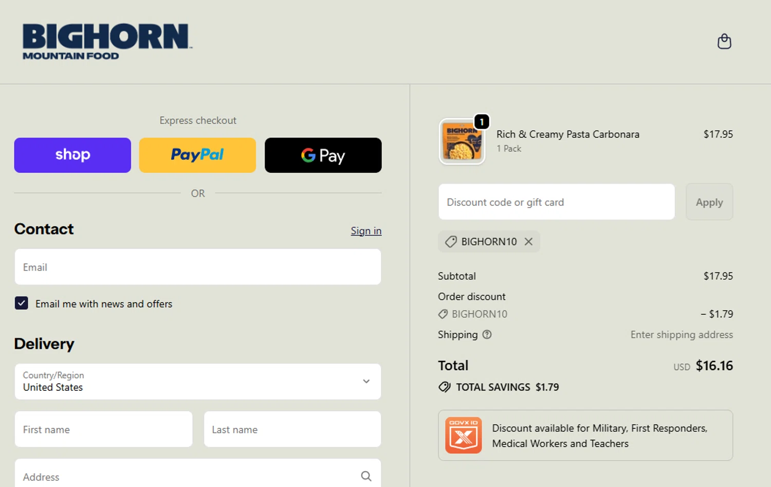 BIGHORN Mountain Food promo code screenshot showing code BIGHORN10 applied at BIGHORN Mountain Food checkout page. Uploaded by SimplyCodes community member salepmigajera on Oct 1, 2025