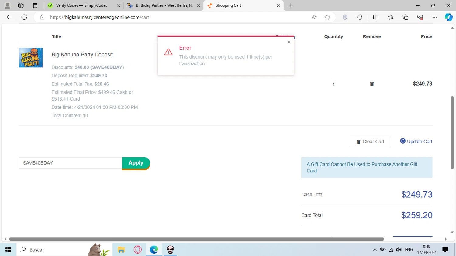 Big Kahuna's checkout page showing Big Kahuna's promo code box | Screenshot taken by SimplyCodes community member on Apr 18, 2024