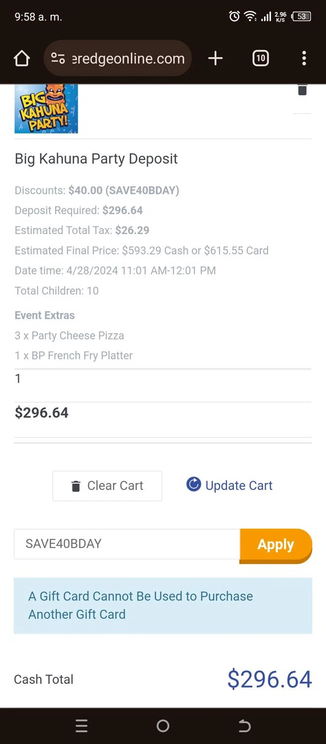 Big Kahuna's checkout page showing Big Kahuna's promo code box | Screenshot taken by SimplyCodes community member on Apr 12, 2024