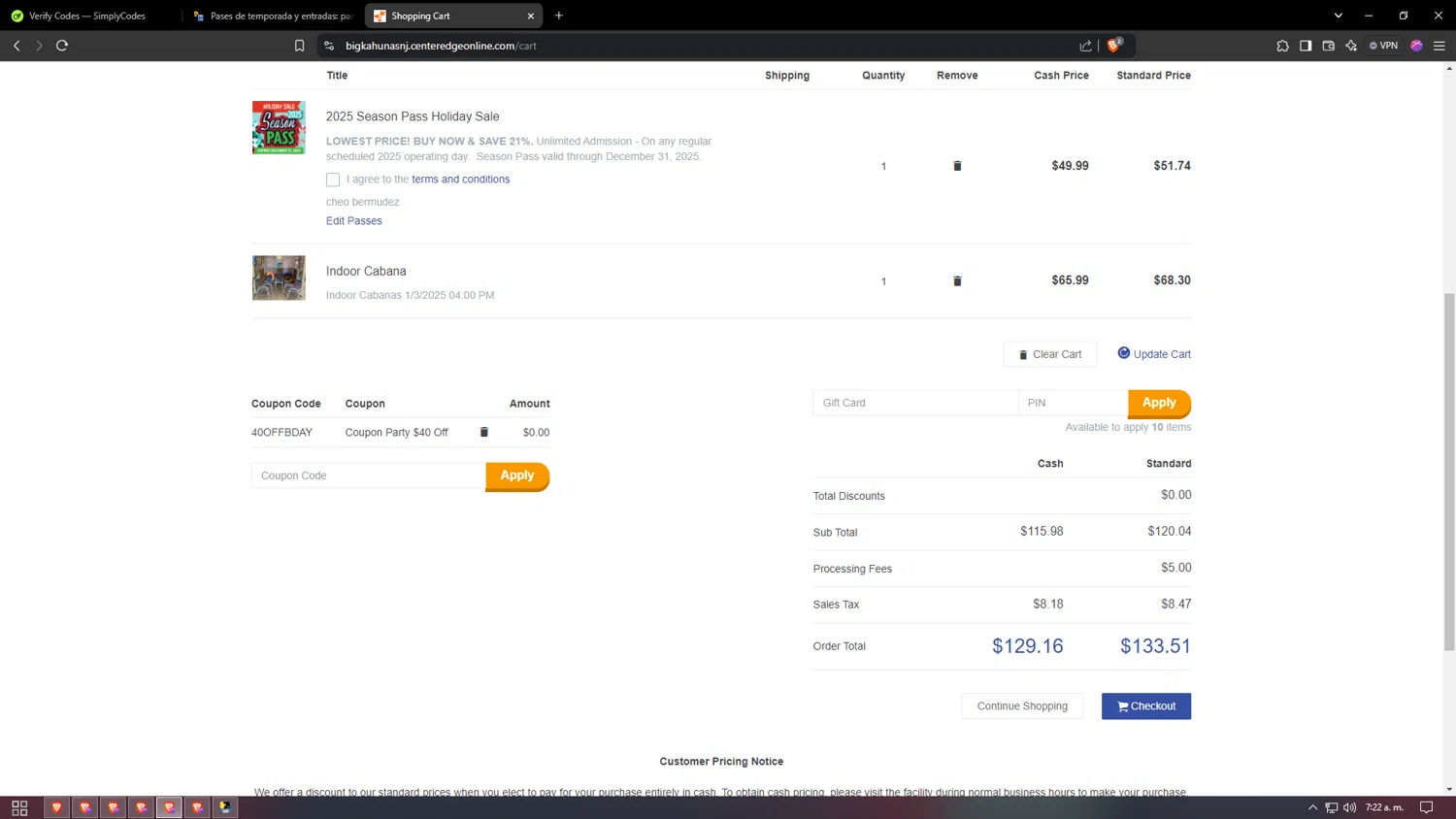 Big Kahuna's promo code screenshot showing code 40OFFBDAY applied at Big Kahuna's checkout page. Uploaded by SimplyCodes community member bakyhatman1020 on Dec 29, 2024