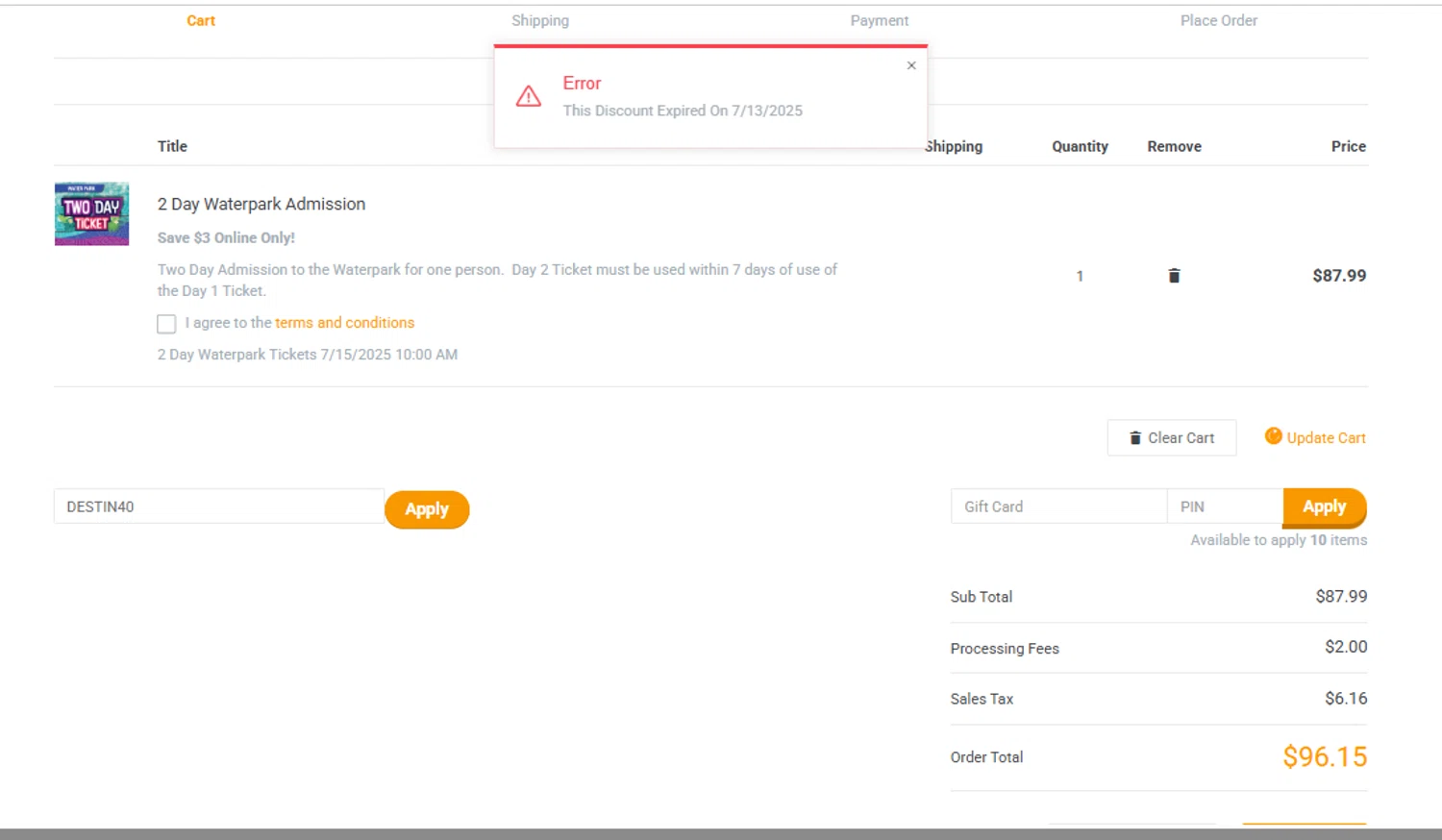 Big Kahuna's promo code screenshot showing code DESTIN40 applied at Big Kahuna's checkout page. Uploaded by SimplyCodes community member FundoKadmiel on Jul 15, 2025