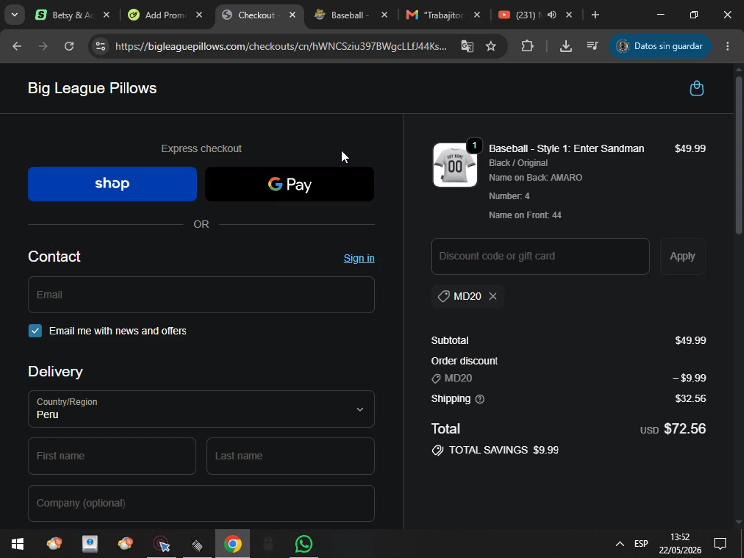 Big League Pillows promo code screenshot showing code MD20 applied at Big League Pillows checkout page. Uploaded by SimplyCodes community member MarcosAranguren on May 22, 2026
