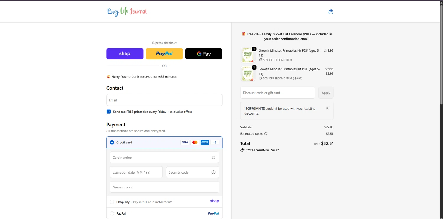 Big Life Journal promo code screenshot showing code 15OFFGMKITS applied at Big Life Journal checkout page. Uploaded by SimplyCodes community member SavvyLynx6076 on Dec 29, 2025