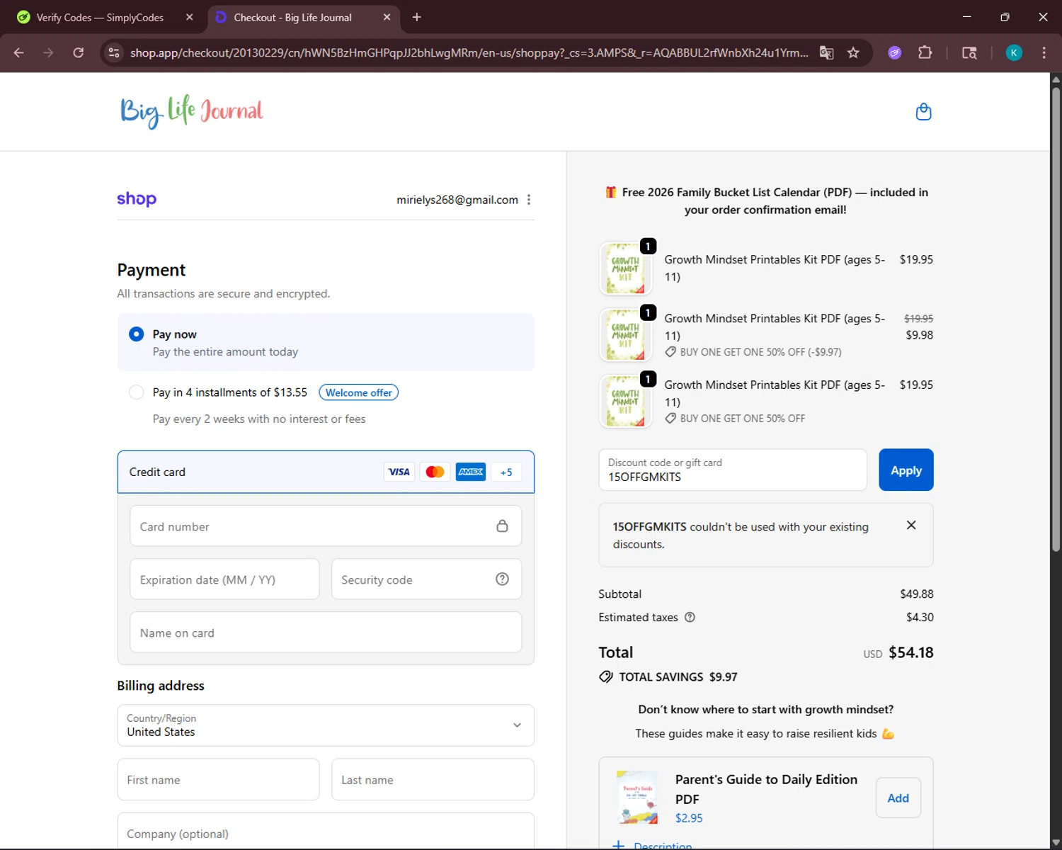Big Life Journal promo code screenshot showing code 15OFFGMKITS applied at Big Life Journal checkout page. Uploaded by SimplyCodes community member VoucherSleuth3236 on Nov 12, 2025