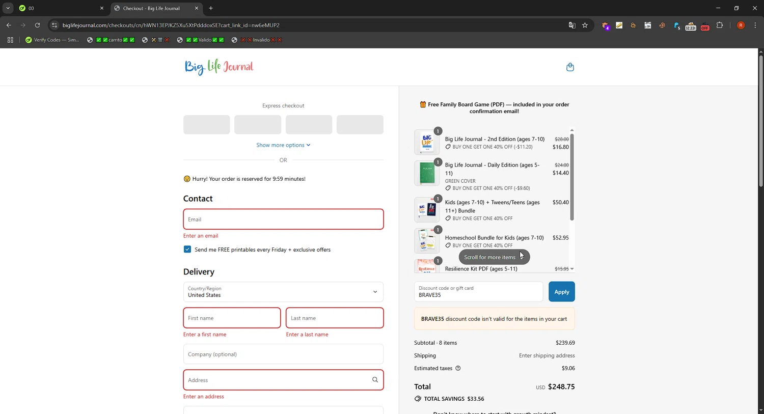 Big Life Journal promo code screenshot showing code BRAVE35 applied at Big Life Journal checkout page. Uploaded by SimplyCodes community member SavvyFinder1532 on Jul 26, 2025