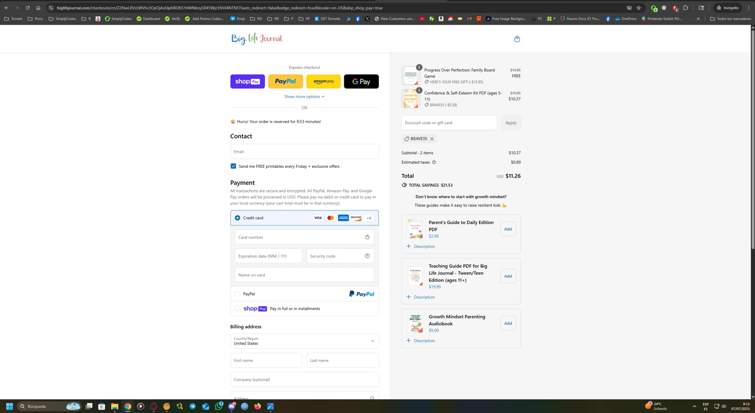 Big Life Journal promo code screenshot showing code BRAVE35 applied at Big Life Journal checkout page. Uploaded by SimplyCodes community member UnkNownVnzla on Jul 7, 2025