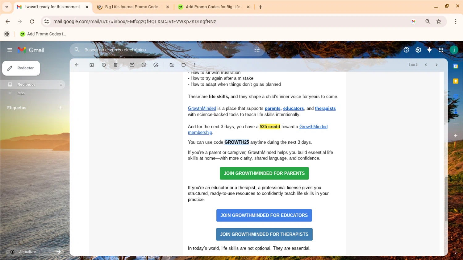 Big Life Journal promo code screenshot showing code GROWTH25 applied at Big Life Journal checkout page. Uploaded by SimplyCodes community member yennifergonzalez on Jan 20, 2026