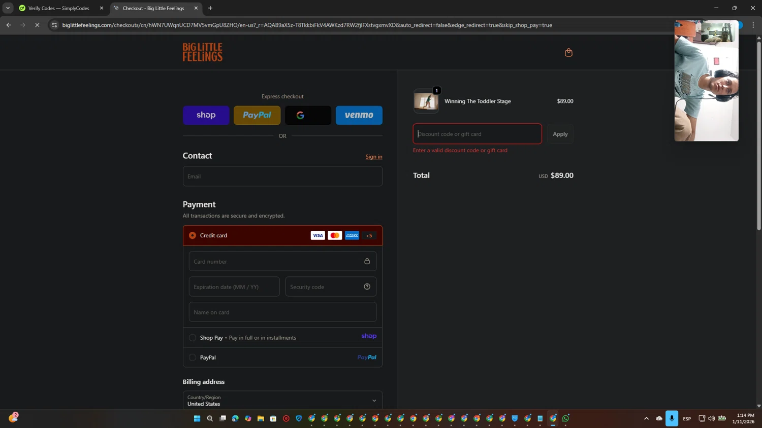 Big Little Feelings promo code screenshot showing code BLF40 applied at Big Little Feelings checkout page. Uploaded by SimplyCodes community member CouponPhoenix3444 on Jan 11, 2026