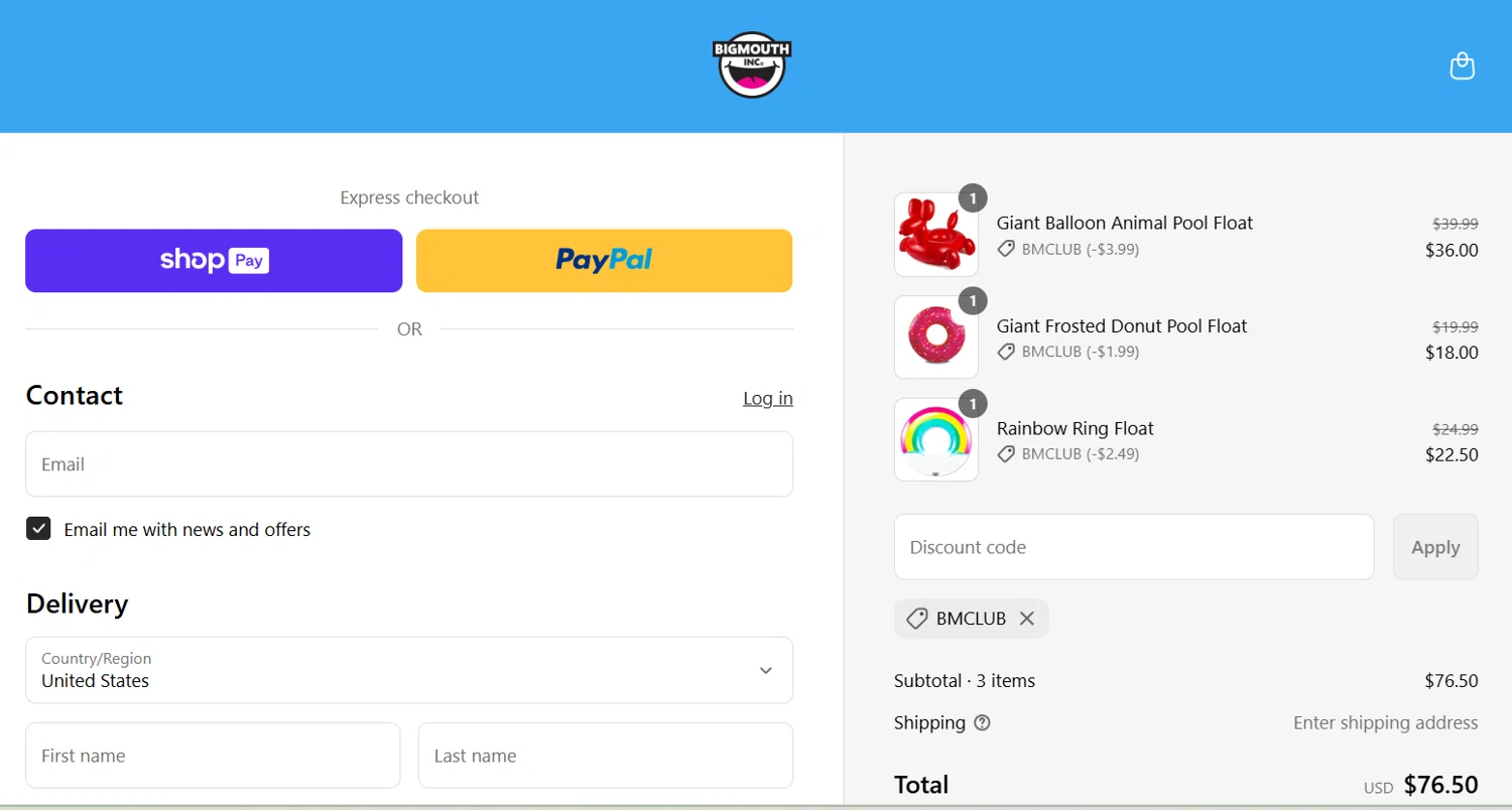 BigMouth Inc promo code screenshot showing code BMCLUB applied at BigMouth Inc checkout page. Uploaded by SimplyCodes community member ______________________________ on May 6, 2025