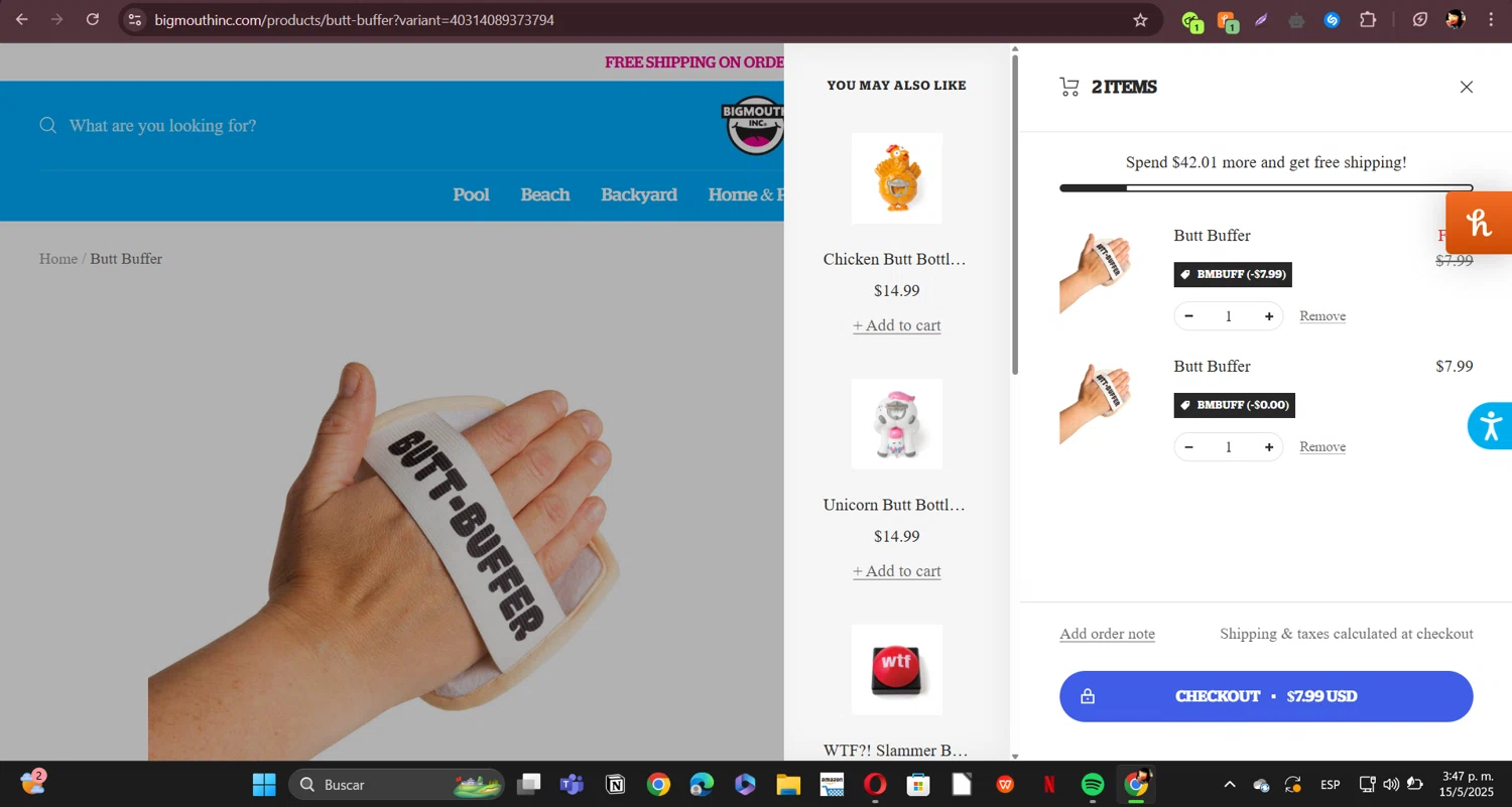 BigMouth Inc promo code screenshot showing code BMBUFF applied at BigMouth Inc checkout page. Uploaded by SimplyCodes community member ERI0810 on May 15, 2025