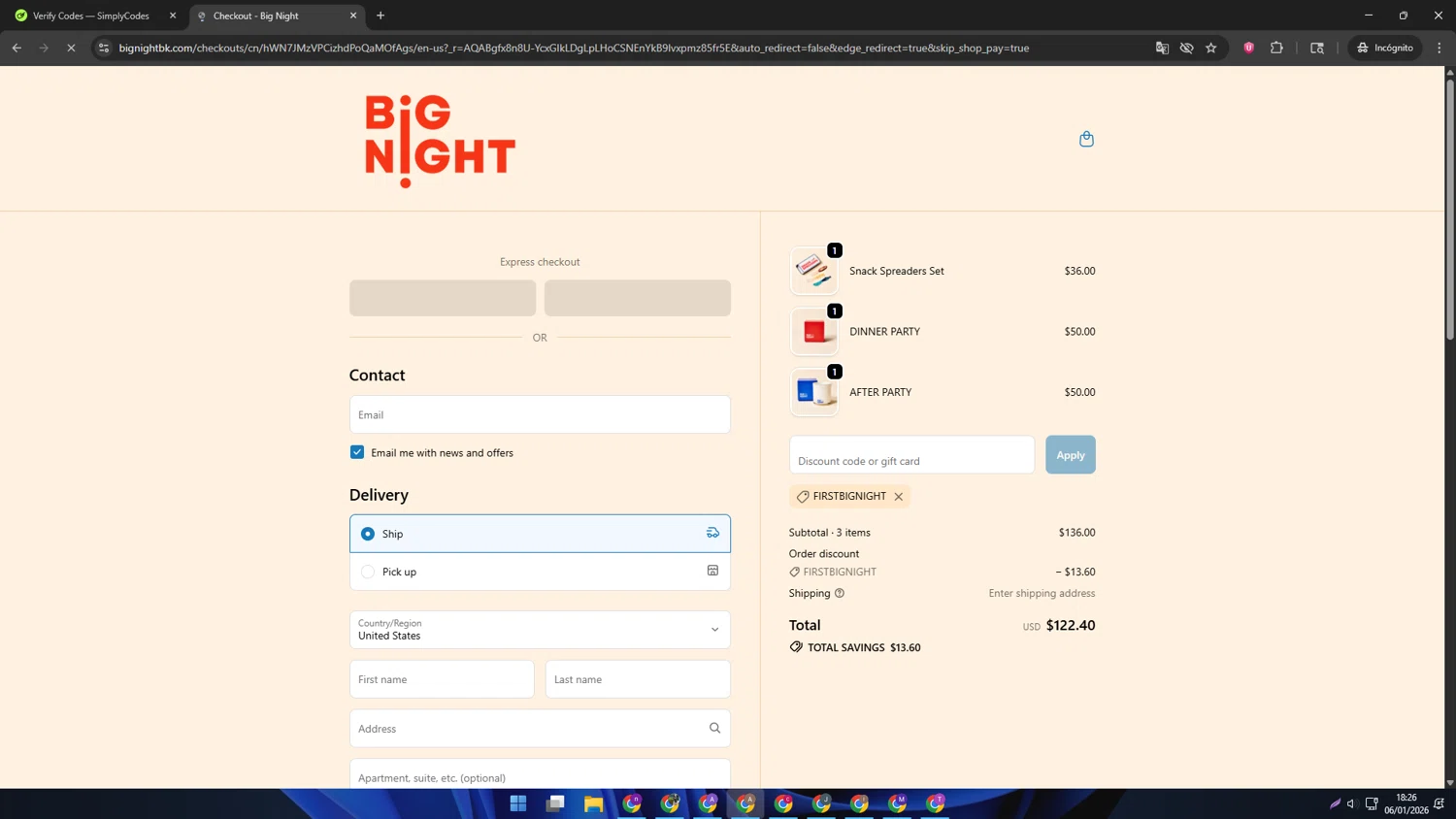 Big Night promo code screenshot showing code FIRSTBIGNIGHT applied at Big Night checkout page. Uploaded by SimplyCodes community member SwiftSage2309 on Jan 6, 2026