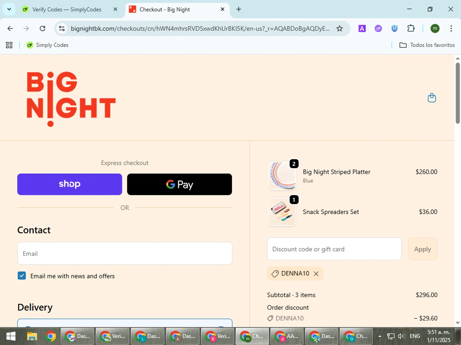 Big Night promo code screenshot showing code DENNA10 applied at Big Night checkout page. Uploaded by SimplyCodes community member VoucherCollector9196 on Nov 1, 2025