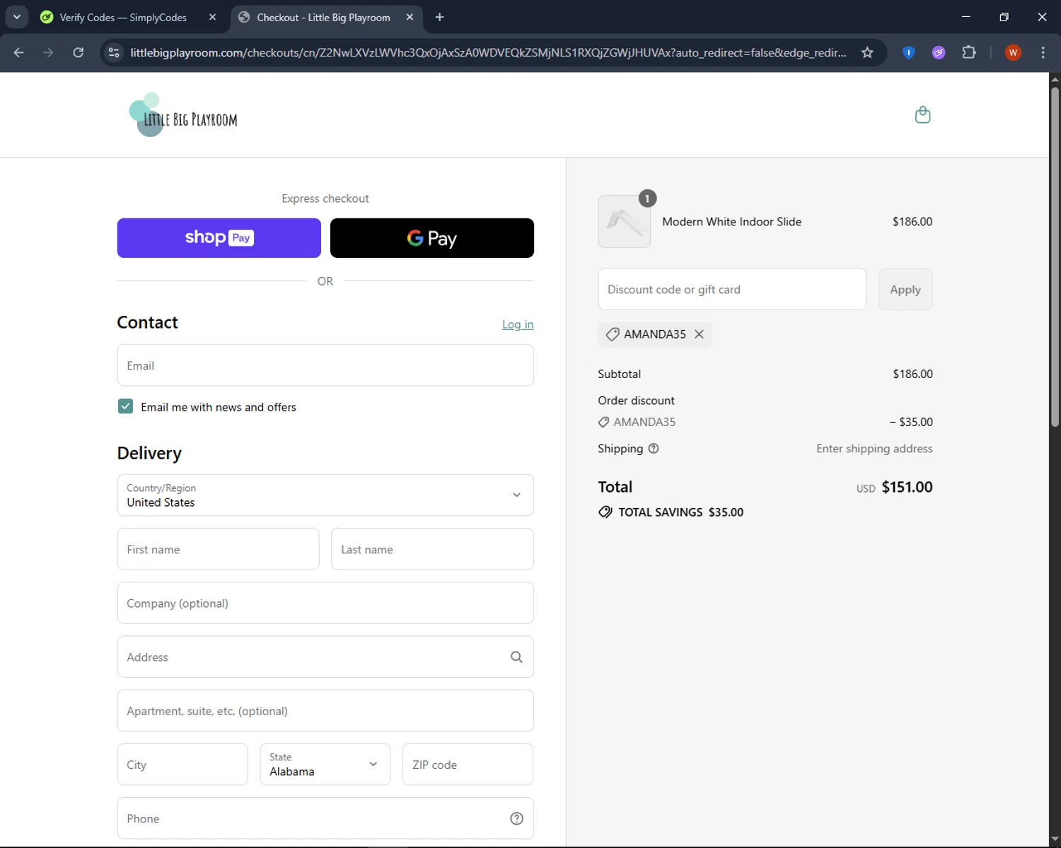 Little Big Playroom discount code screenshot showing code AMANDA35 applied at Little Big Playroom checkout page. Uploaded by SimplyCodes community member CashPro9699 on Jul 14, 2025