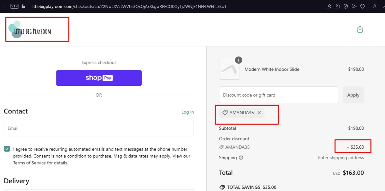 Little Big Playroom discount code screenshot showing code AMANDA35 applied at Little Big Playroom checkout page. Uploaded by SimplyCodes community member CrisMijares on Jan 7, 2025
