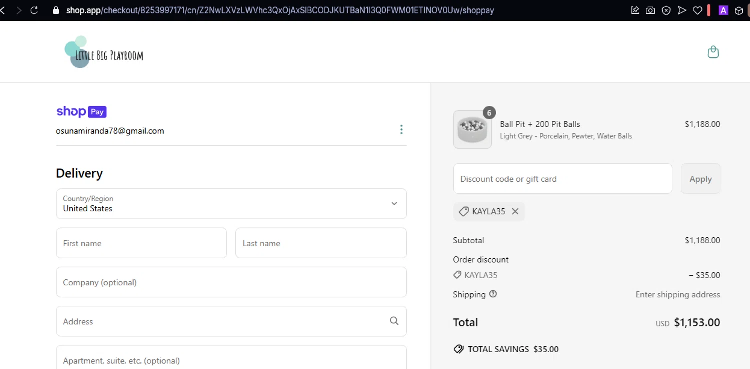 Little Big Playroom discount code screenshot showing code KAYLA35 applied at Little Big Playroom checkout page. Uploaded by SimplyCodes community member ShrewdWizard3248 on Mar 14, 2025