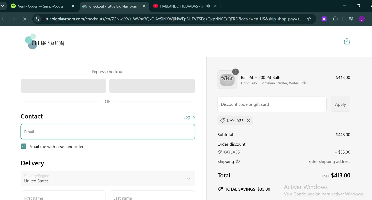 Little Big Playroom discount code screenshot showing code KAYLA35 applied at Little Big Playroom checkout page. Uploaded by SimplyCodes community member Trump23 on Apr 28, 2025