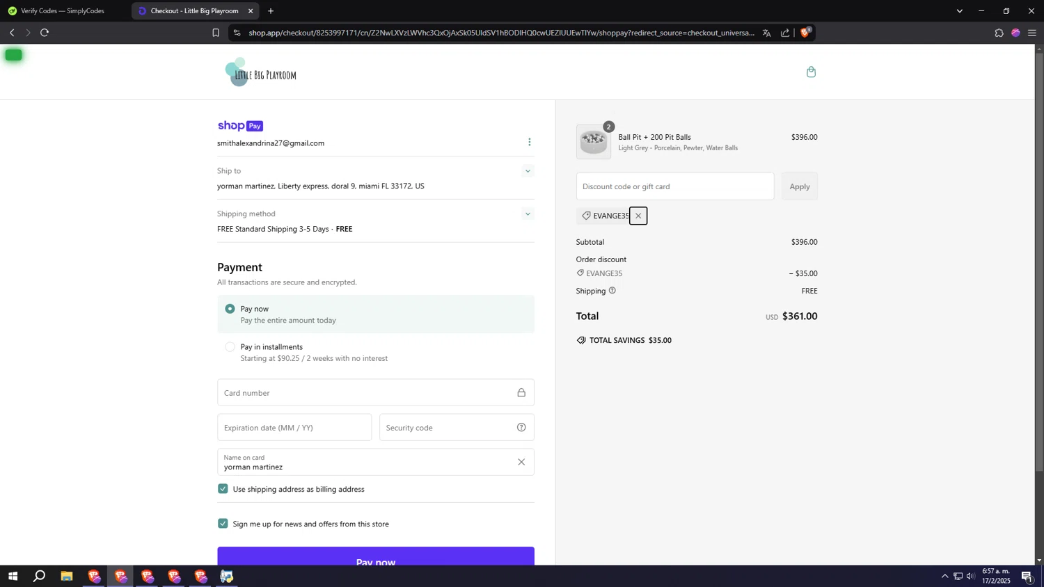 Little Big Playroom discount code screenshot showing code EVANGE35 applied at Little Big Playroom checkout page. Uploaded by SimplyCodes community member RANK1VERIFIED on Feb 17, 2025