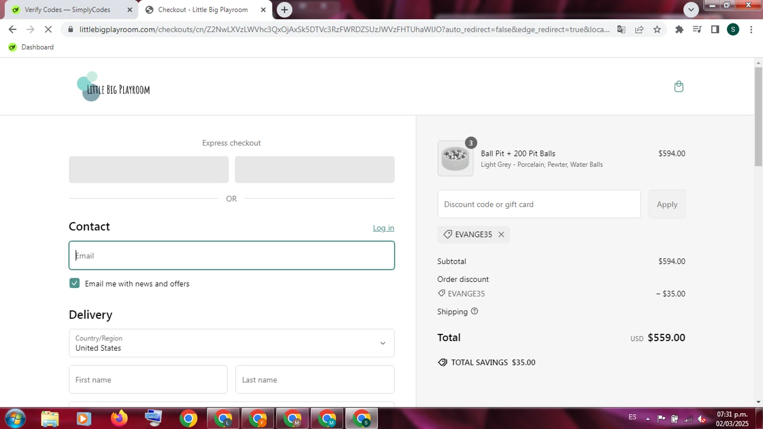 Little Big Playroom discount code screenshot showing code EVANGE35 applied at Little Big Playroom checkout page. Uploaded by SimplyCodes community member PromoExpert3105 on Mar 3, 2025
