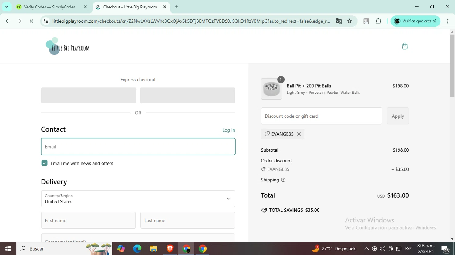 Little Big Playroom discount code screenshot showing code EVANGE35 applied at Little Big Playroom checkout page. Uploaded by SimplyCodes community member BargainWizard5755 on Mar 3, 2025