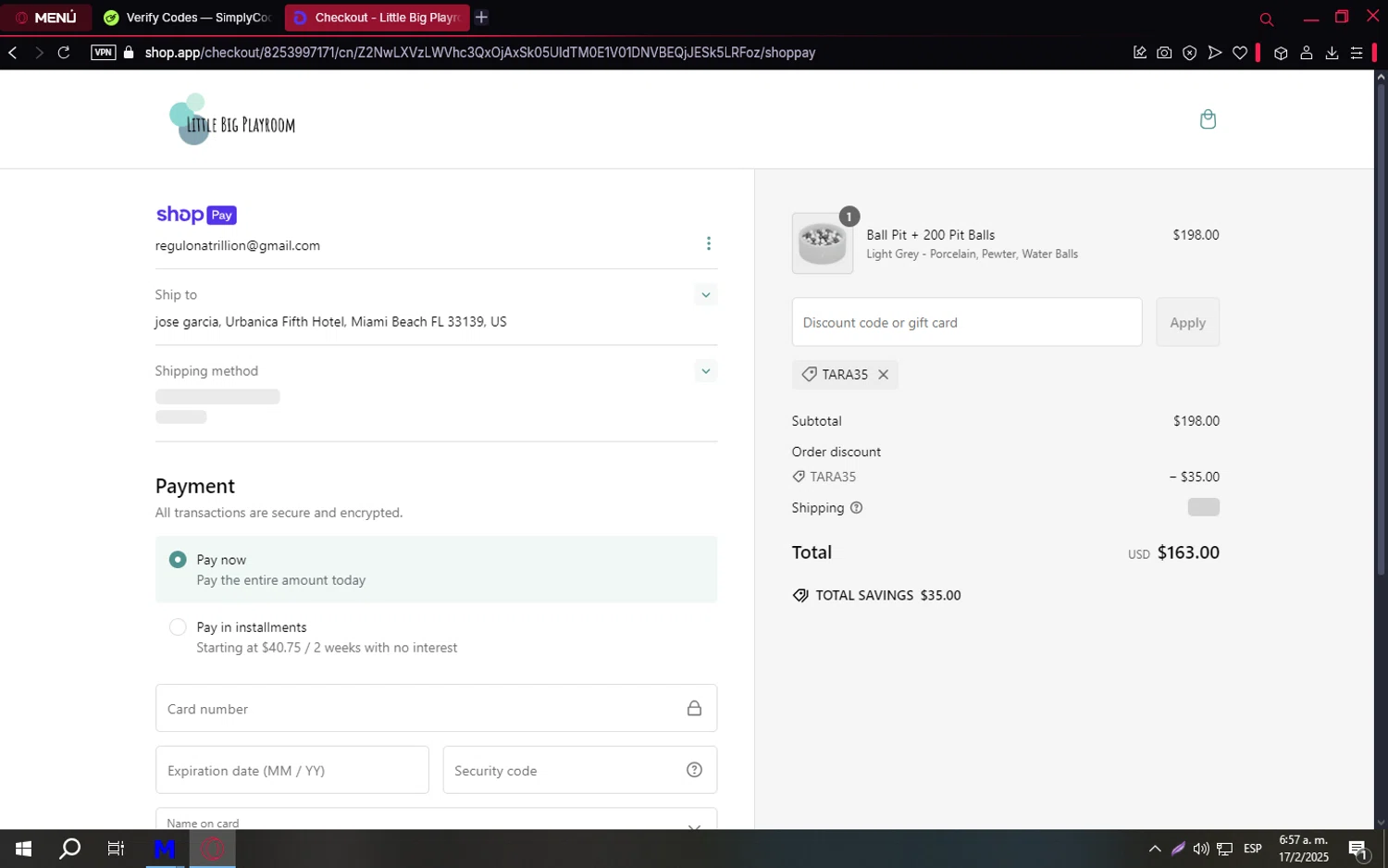 Little Big Playroom discount code screenshot showing code Tara35 applied at Little Big Playroom checkout page. Uploaded by SimplyCodes community member TreasureCaptain9598 on Feb 17, 2025