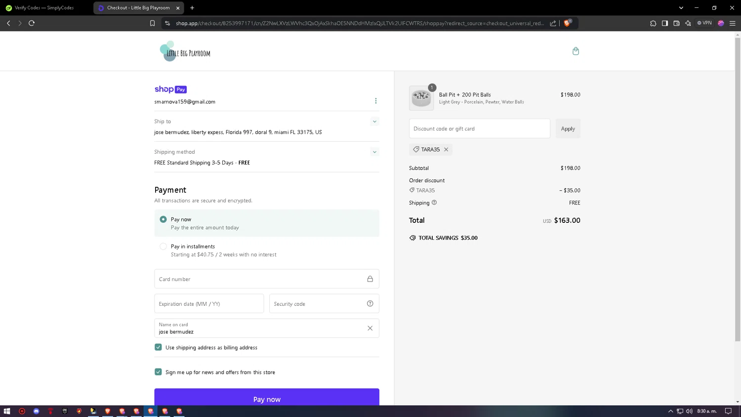 Little Big Playroom discount code screenshot showing code Tara35 applied at Little Big Playroom checkout page. Uploaded by SimplyCodes community member VictoriousDefender7352 on Jan 19, 2025