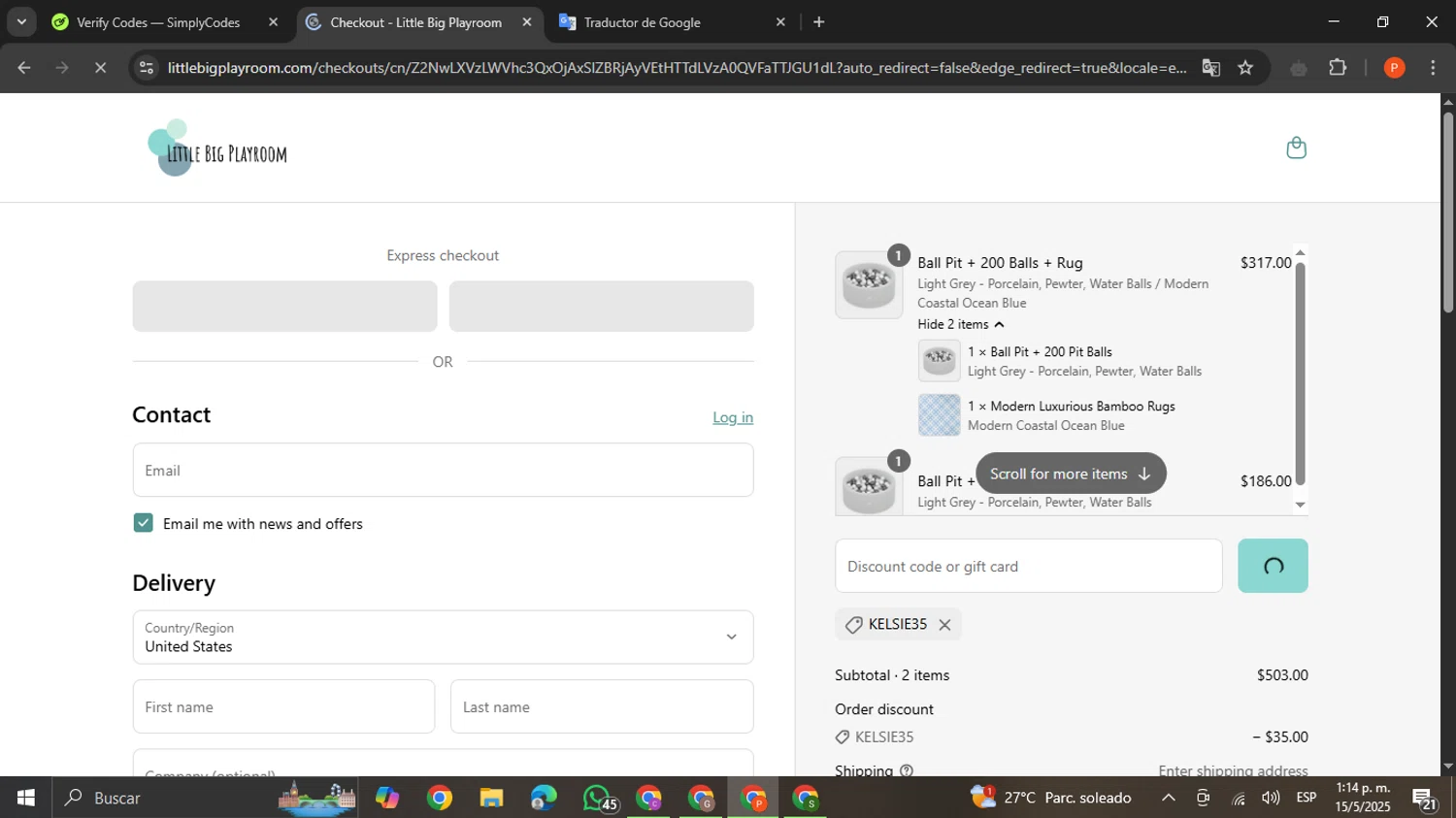 Little Big Playroom discount code screenshot showing code Kelsie35 applied at Little Big Playroom checkout page. Uploaded by SimplyCodes community member VictoriousCaptain2658 on May 15, 2025