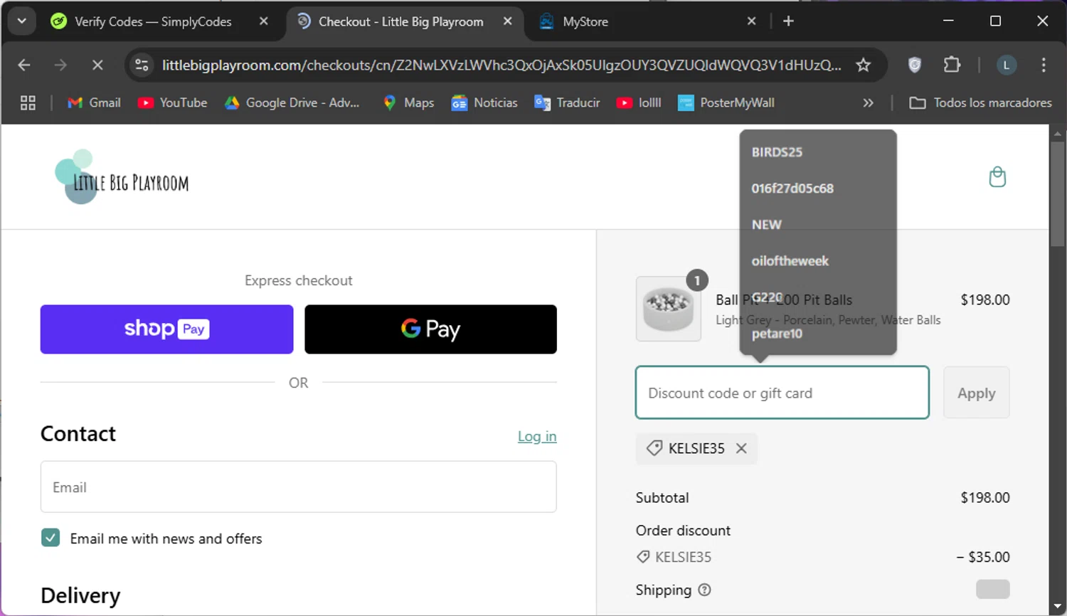 Little Big Playroom discount code screenshot showing code Kelsie35 applied at Little Big Playroom checkout page. Uploaded by SimplyCodes community member SoyLuis on Feb 17, 2025