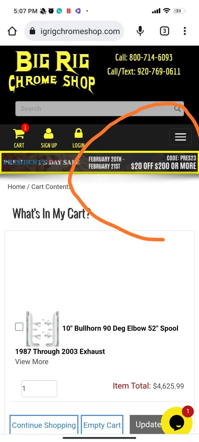 Big Rig Chrome Shop checkout page showing Big Rig Chrome Shop discount code box | Screenshot taken by SimplyCodes community member on Feb 21, 2023