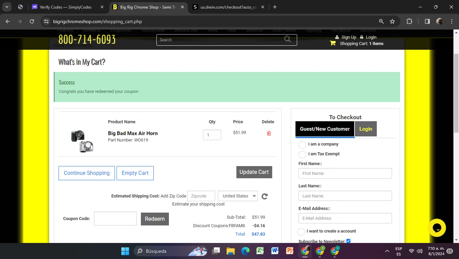 Big Rig Chrome Shop checkout page showing Big Rig Chrome Shop discount code box | Screenshot taken by SimplyCodes community member on Jan 8, 2024